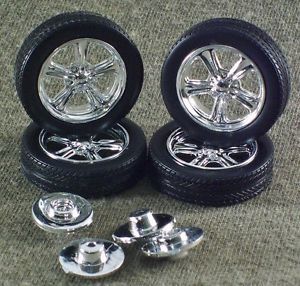 1 25 Scale Model Car Parts Junk Yard Low Profile Tires with Custom Wheels