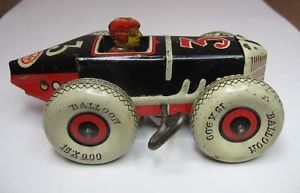 Marx Tin Toy No 3 Windup Balloon Tire Race Car w Driver and White Tires