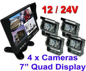 4CH Quad Split 7" Monitor TFT LCD Heavy Duty CCD Rear View Camera x4 12 24V