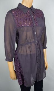 Free People Shirt 4 s Purple Floral Lace Eyelet Button Front Long Tunic Sheer