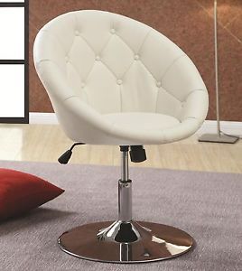 Accent Dining Svivel Chair Bar Stool Round Tufted Seat White Faux Leather