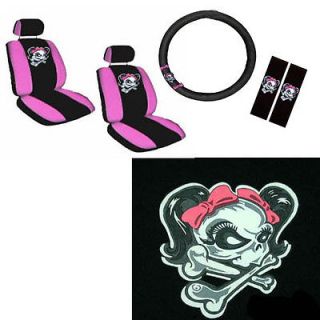 9pc Pink Bow Lady Skull Front Bucket Car Seat Cover Set Steering Wheel Belt