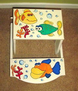 Wood Flip Chair Step Stool Seat Toddler Child Kid Hand Painted Fish