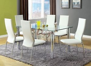 7pc Set Modern Tempered Glass Dining Table White Padded Leather Chairs Chrome