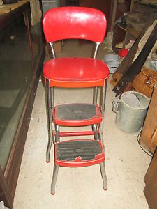 Vintage Mid Century Cosco Kitchen Step Stool Chair Chrome Vinyl Seat Red