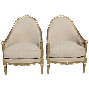 Pair French Art Deco Carved Giltwood Club Chairs Circa 1940's Style Paul Follot