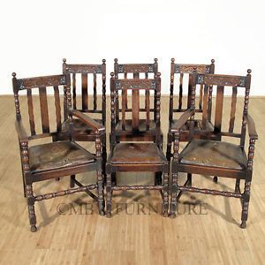 Antique English Solid Oak Jacobean Dining Side Chairs Set 6 c1920’s P64