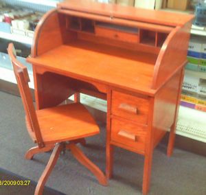 Antique Solid Oak Secretary Style Roll Top Desk and Matching Chair for Children