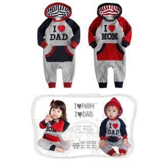 3 18M Baby Boy Girl Sporty Hoodies I Love Mum Dad Body Suit Romper BC320