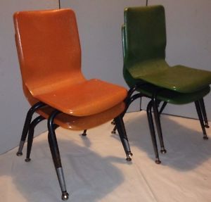 4 Vintage Orange Green Plastic Metal Child Kids School Chair Retro