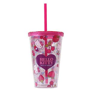Hello Kitty Ice Tumbler Cold Cup with Twist on Lid Straw 473ml 16 7oz Strawberry