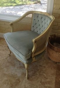 Vintage Blue Velvet Hollywood Regency Cane Chair French Provincial Barrel French