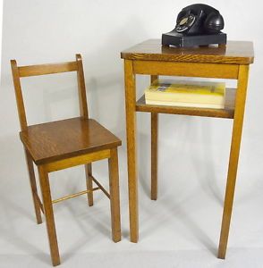 Antique Solid Quartersawn Oak Gossip Telephone Chair Table Mission Arts Crafts