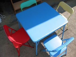 Child Kid Metal Folding Card Table 4 Chairs Blue Red Yellow Green Daycare