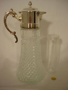 Vintage Antique Leonard Crystal Decanter Silver Plate Italy Ice Tube Tea Pitcher