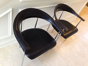 2 Vintage Mid Century Modern Black Chrome Leather Chairs