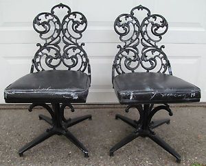 Vintage Pair of Cast Aluminum Black Swivel Patio Chairs Bistro Iron Mid Century