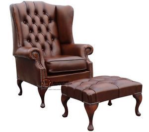Chesterfield Prince's Flat Wing Large High Back Wing Chair Footstool Tan Leather