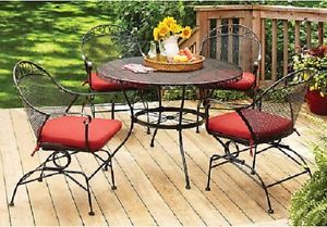 5 Piece Outdoor Patio Dining Set Red Seats Furniture Table 4 Chairs Pool Deck
