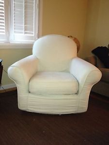 Pottery Barn Glider Rocking Chair w Off White and Light Green Slip Covers