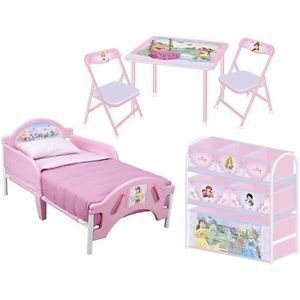 Disney Princess 3 PC Set Toddler Bed Multi Bin Toy Organizer Table Chairs