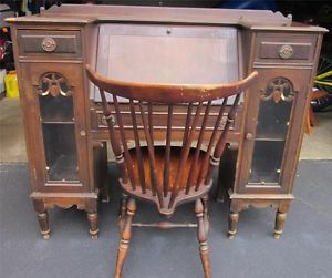Antique Depression Era Bankers Desk w Spindle Chair Walnut 