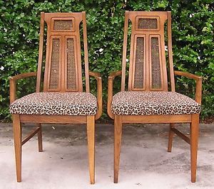 Mid Century Pair of Cane Back Dining Arm Chairs by Bassett Vintage Leopard Print