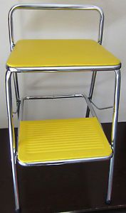 Vintage Mid Century Yellow Cosco Folding Kitchen Step Stool Chair Chrome Retro