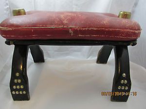 Vintage Red Leather Wood Egyptian Camel Saddle Stool Bench Seat Chair Antique