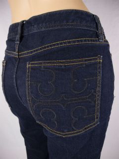 Tory Burch Classic Tory Boot Dark Wash Blue Denim Jeans Sz 28