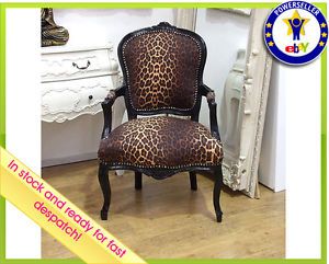 Louis French Shabby Chic Lounge Dining Chair Leopard Print Fabric Black Frame