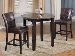 New 3pc Round Marble Top Walnut Finish Wood Counter Pub Table Set Chairs