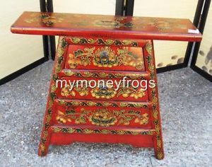 Red Chinese Oriental Asian Wood Hand Painted Stool Chair w Drawer Money Bank