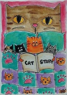 Cat Kitten Bed Book Folk Art Pet Watercolor ACEO Original Painting