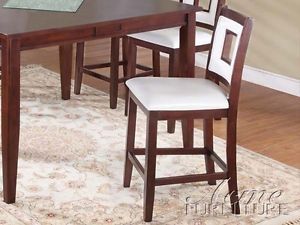 Espresso Counter Height Chairs 2 PC Set White Faux Leather Seat Bistro Pub Stool