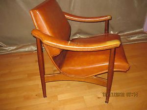 Mid Modern Wooden Scoop Chair Leather Seat and Arms RARE Retro