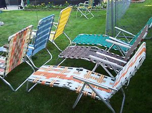 Vtg Webbed Aluminum Lawn Chair Beach Chaise Lounge Chairs Set 6 Assortied Retro