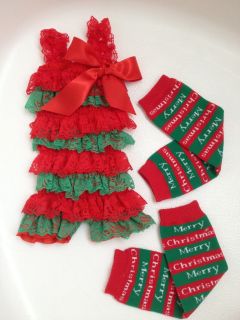 Christmas Baby Girl Lace Posh Petti Ruffle Rompers Legging Headband Hair Bow