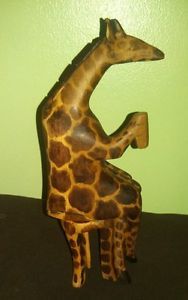 Vintage Hand Carved Wood Giraffe Drinking in Chair Figurine Statue Comical Kenya