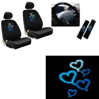 9pc Blue Love Hearts Front Bucket Car Seat Covers Set Steering Wheel Seat Belt