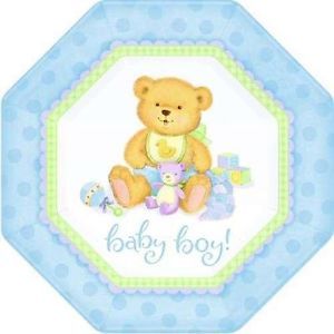 Baby Shower "Baby Boy" Bear Dessert Cake Octagon Plates 8ct Party Supplies