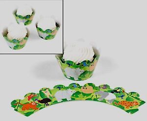 24 Zoo Jungle Safari Animals Cupcake Liners Wrappers Collars Party Supplies