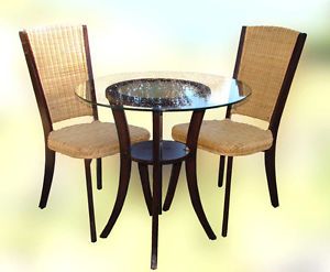 3 PC Wood Wicker Glass Bistro Kitchen Dining Set 30 in Round Table 2 Chairs