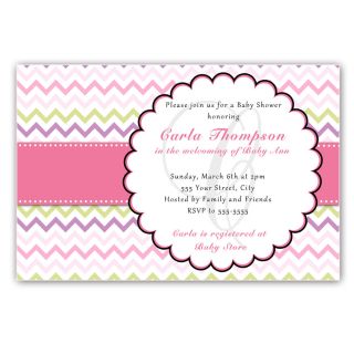 30 Custom Chevron Lines Monogram Baby Shower Birthday Party Invitation Girl Pink