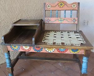 Vintage Spanish Mexican Hacienda Hand Painted Phone Table Bench Chair Seat Arizo