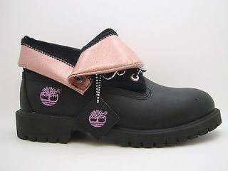 29979 Girls Youth Timberland Roll Top Sweet Black Pink Boots Leather