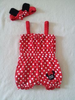 Minnie Mouse Baby Girl Red Pink Polka Dots Romper w Headband Birthday Outfit