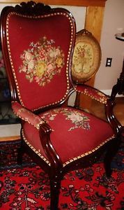 Antique Victorian Needlepoint Tall Back Unique Oversized Parlour Chair