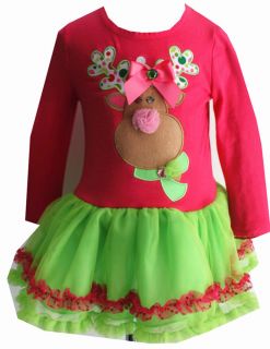 BNWT RARE Editions Girl Fancy Pink Rudolph Christmas Tutu Dress Legging 2T to 4T