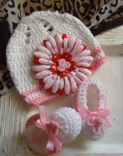 Handmade Crochet Baby Girl Hat and Booties Set Newborn 3 Months
